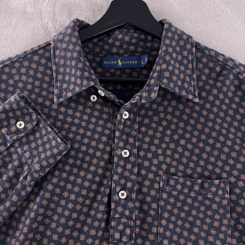 Ralph Lauren Polo Shirt Mens Size Large Navy Long‎ Sleeve Geometric Pattern